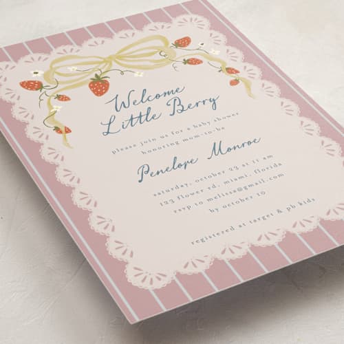 This is a blush baby shower invitations with standard by Vera Lim called little berry printing on signature in standard