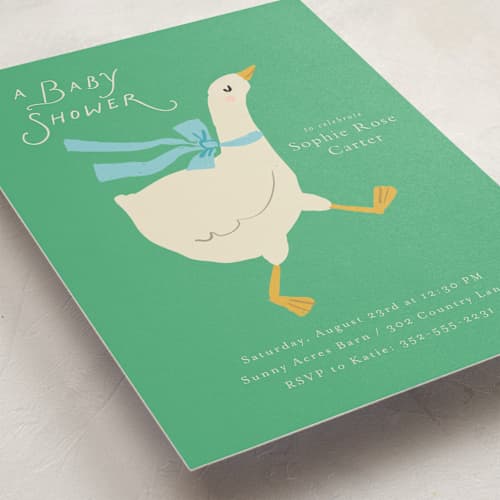 This is a sage baby shower invitations with standard by Lori Wemple called goose printing on signature in standard