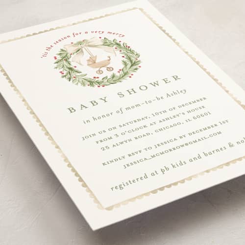 This is a holly baby shower invitations with standard by Sarah Knight called a very merry baby shower printing on signature in standard