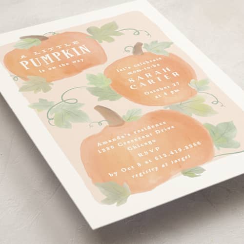 This is a blush baby shower invitations with standard by Creo Study called lil pumpkin printing on signature in standard