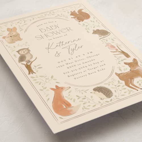 This is a ecru baby shower invitations with standard by Creo Study called woodland storybook printing on signature in standard