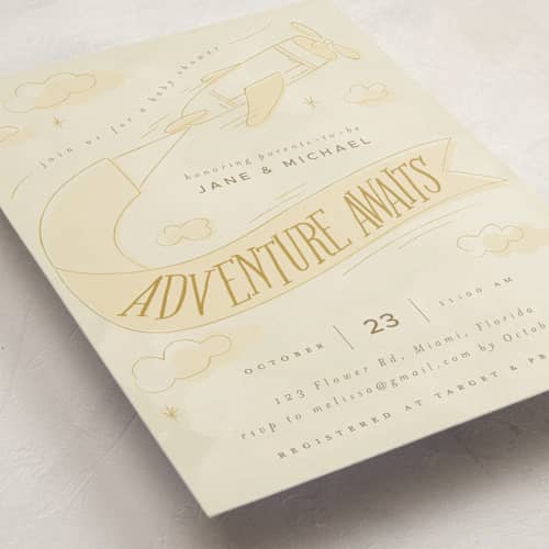 This is a mustard baby shower invitations with standard by Vera Lim called fly with me printing on signature in standard