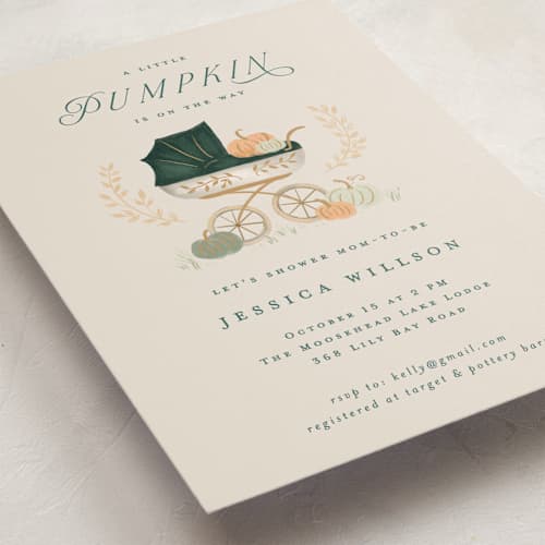 This is a pumpkin baby shower invitations with standard by Petra Kern called pumpkin stroller printing on signature in standard