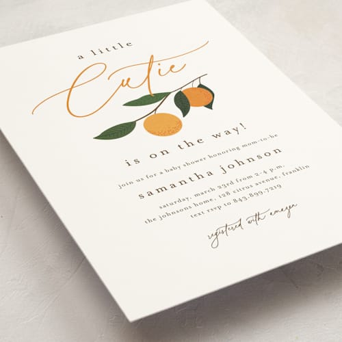 This is a clementine baby shower invitations with standard by Stacey Meacham called little cutie printing on signature in standard