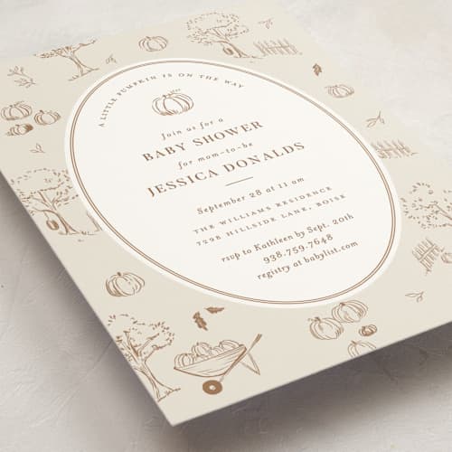 This is a acorn baby shower invitations with standard by Rebecca Durflinger called autumn toile printing on signature in standard