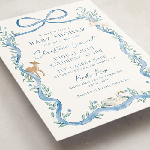 This is a blueberry baby shower invitations with standard by Elly called ribbon garden printing on signature in standard