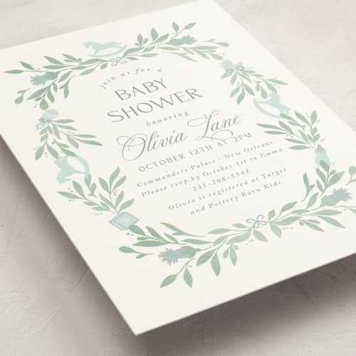 This is a celeste baby shower invitations with standard by Melinda Denison called baby shower wreath printing on signature in standard