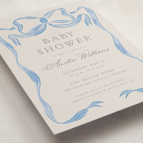 This is a baby blues baby shower invitations with standard by Lehan Veenker called vintage bow printing on signature in standard