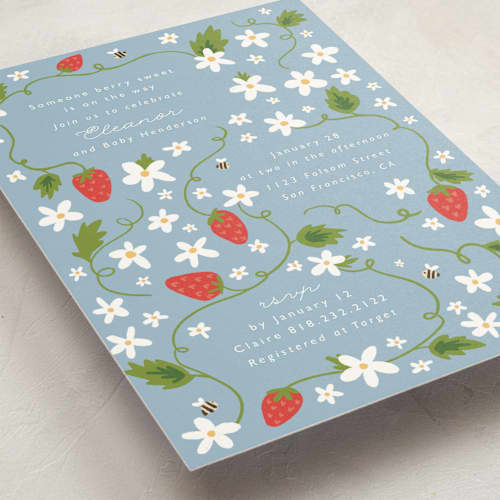 This is a blueberry baby shower invitations with standard by Hudson meet Rose called berry sweet printing on signature in standard