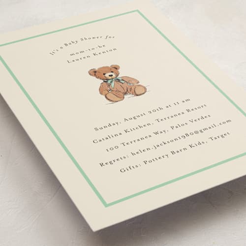 This is a sage baby shower invitations with standard by Becky Nimoy called antique teddy bear printing on signature in standard