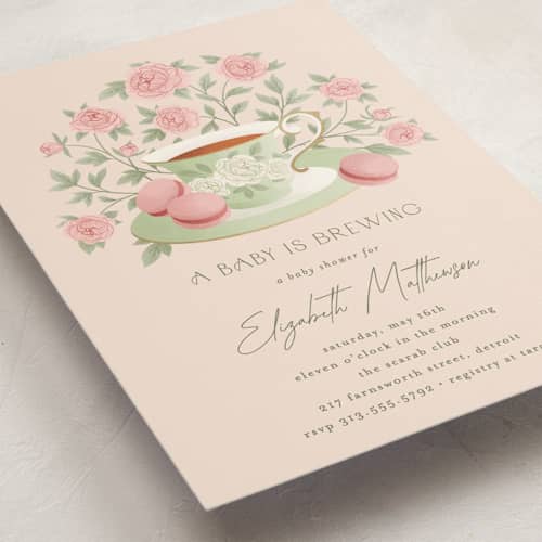 This is a framboise baby shower invitations with standard by Jamie Alexander called a baby is brewing printing on signature in standard