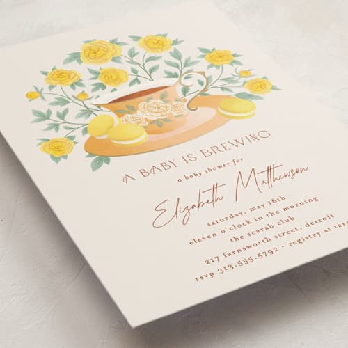 This is a citron baby shower invitations with standard by Jamie Alexander called a baby is brewing printing on signature in standard