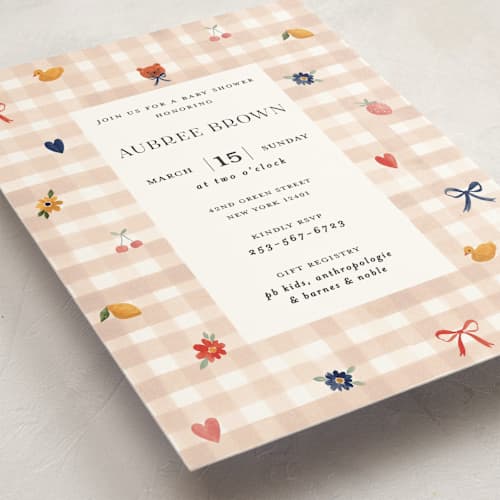 This is a shortbread baby shower invitations with standard by Sarah Knight called gingham printing on signature in standard