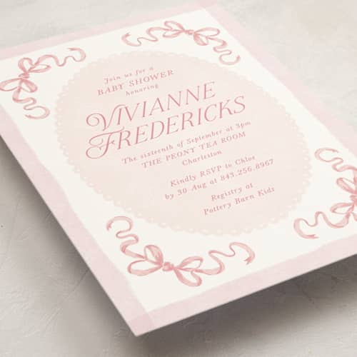This is a petal baby shower invitations with standard by Jackie Crawford called doodle bow frame printing on signature in standard