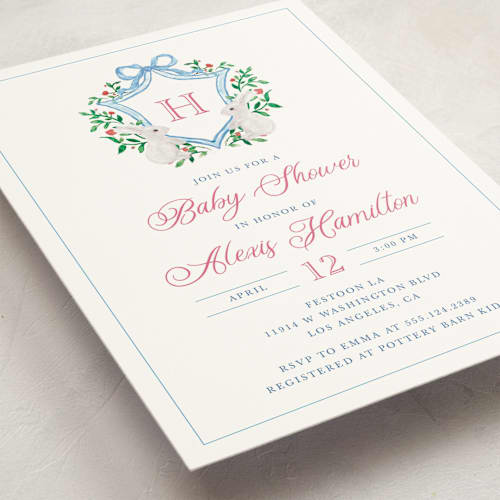 This is a cotton candy baby shower invitations with standard by Cass Loh called bunny crest printing on signature in standard