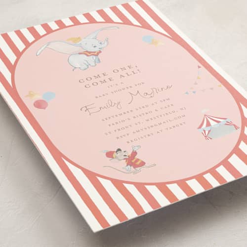 This is a petal baby shower invitations with standard by Teju Reval called disney's dumbo come one come all printing on signature in standard