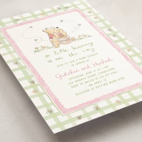 This is a bubblegum baby shower invitations with standard by Creo Study called disney's winnie the pooh and a lil hunny printing on signature in standard