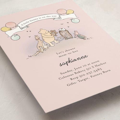 This is a blush baby shower invitations with standard by Becky Nimoy called disney's winnie the pooh mom to bee printing on signature in standard