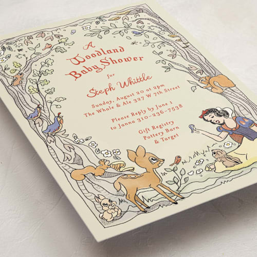 This is a buttercream baby shower invitations with standard by Becky Nimoy called disney's snow white woodland printing on signature in standard