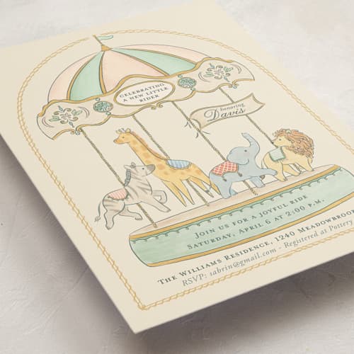 This is a vanilla baby shower invitations with standard by Sabrin Deirani called carousel of sweet beginnings printing on signature in standard