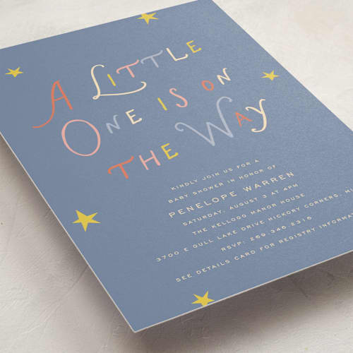 This is a sail baby shower invitations with standard by Pixel and Hank called on the way printing on signature in standard