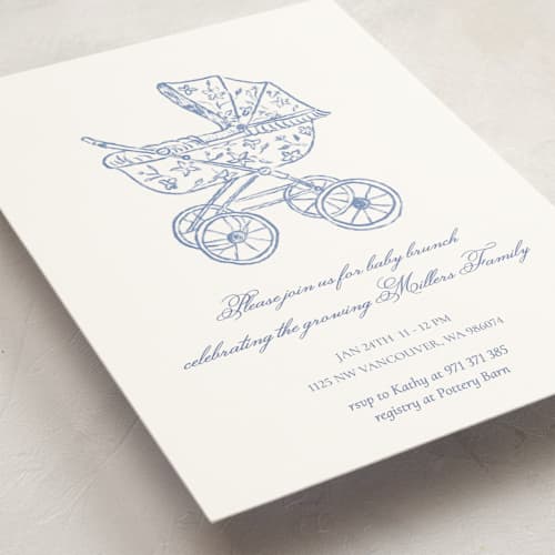 This is a navy baby shower invitations with standard by Huefete called baby pram printing on signature in standard