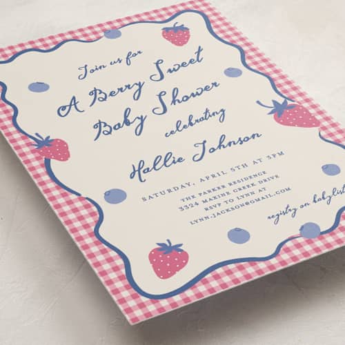This is a candy baby shower invitations with standard by Kelly Watkins called so berry sweet printing on signature in standard