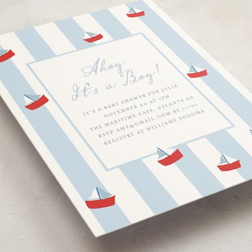 This is a periwinkle baby shower invitations with standard by Angela Thompson called sail boats baby printing on signature in standard