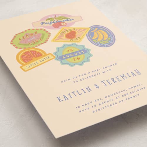 This is a acai berry baby shower invitations with standard by Natalie Rae called fruit stickers printing on signature in standard