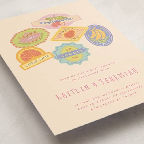 This is a lychee baby shower invitations with standard by Natalie Rae called fruit stickers printing on signature in standard