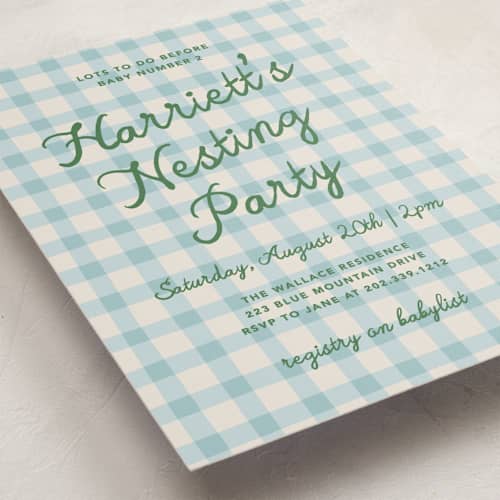 This is a bluebird baby shower invitations with standard by Kelly Watkins called a nesting party printing on signature in standard