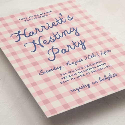 This is a bubblegum baby shower invitations with standard by Kelly Watkins called a nesting party printing on signature in standard
