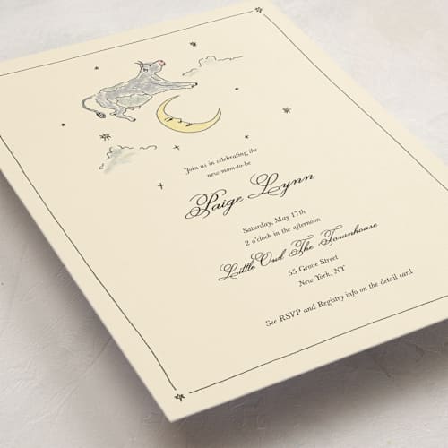 This is a ivory baby shower invitations with standard by Noun New York called the cow jumped over the moon printing on signature in standard