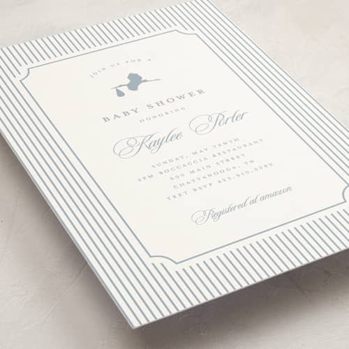 This is a dusty blue baby shower invitations with standard by Stacey Meacham called storybook stork printing on signature in standard