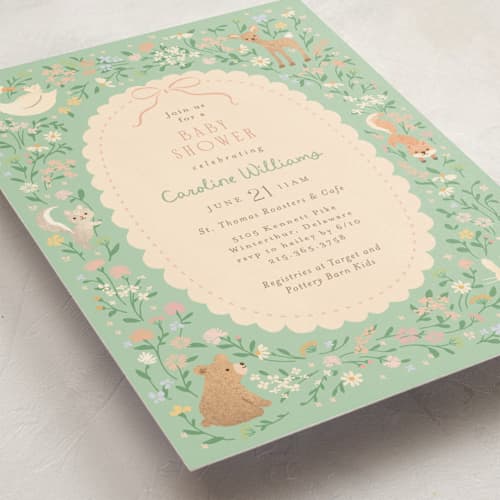 This is a mint baby shower invitations with standard by Jennifer Wick called garden animals printing on signature in standard