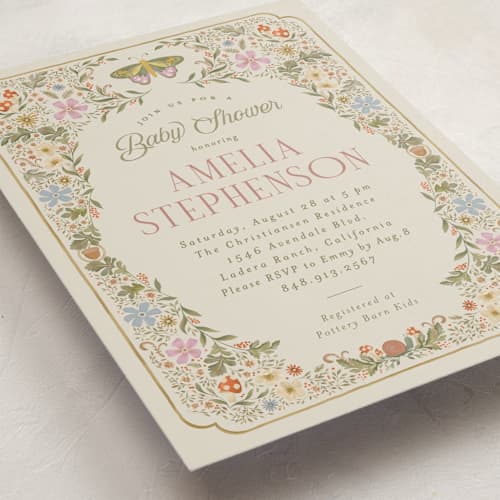 This is a moss baby shower invitations with standard by Joanna Griffin called vintage butterfly printing on signature in standard