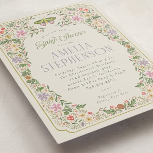 This is a periwinkle baby shower invitations with standard by Joanna Griffin called vintage butterfly printing on signature in standard