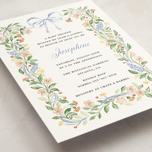 This is a bluebell baby shower invitations with standard by Sarah Knight called garden ribbon printing on signature in standard