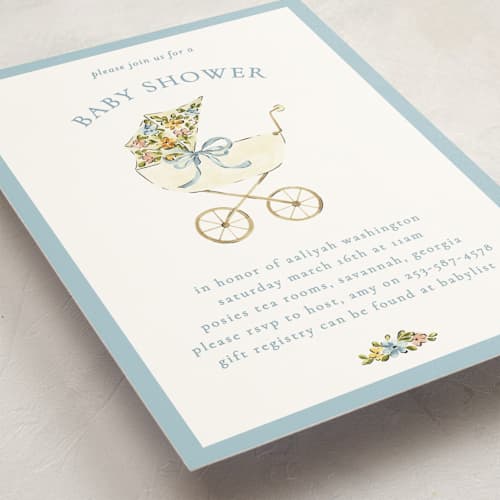 This is a sky baby shower invitations with standard by Sarah Knight called pram printing on signature in standard