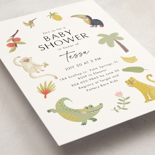 This is a ivory baby shower invitations with standard by Kate Blalock called tropical animals printing on signature in standard