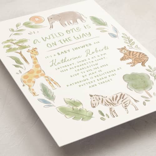 This is a jungle baby shower invitations with standard by Creo Study called a wild one printing on signature in standard