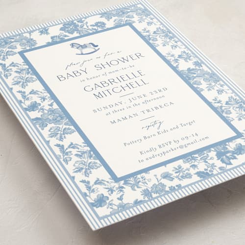 This is a powder baby shower invitations with standard by Jenna Holcomb called rocking horse baby printing on signature in standard