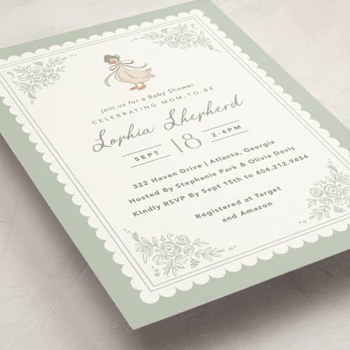 This is a sage baby shower invitations with standard by Kristen Smith called story book frame printing on signature in standard