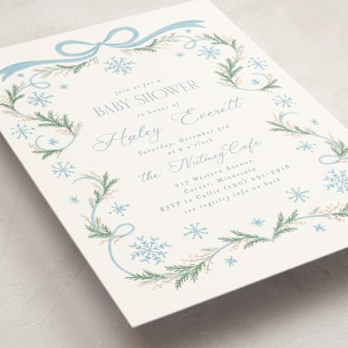 This is a frosted baby shower invitations with standard by Laura Hankins called winter frame printing on signature in standard