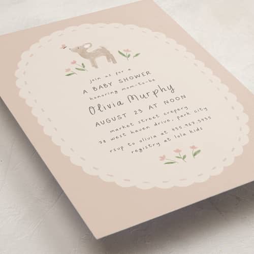 This is a blush baby shower invitations with standard by JeAnna Casper called woodland fawn printing on signature in standard