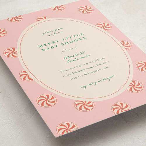 This is a ballet slipper baby shower invitations with standard by Stephanie Heinrich Godbout called peppermint printing on signature in standard
