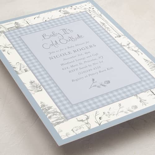 This is a lake baby shower invitations with standard by Teju Reval called winter toile printing on signature in standard