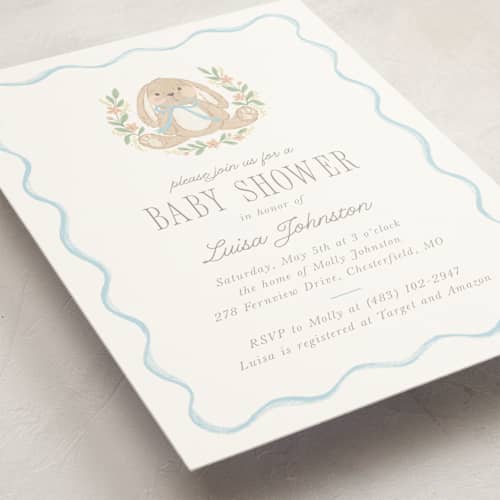 This is a cornflower baby shower invitations with standard by Laura Hankins called bunny crest printing on signature in standard
