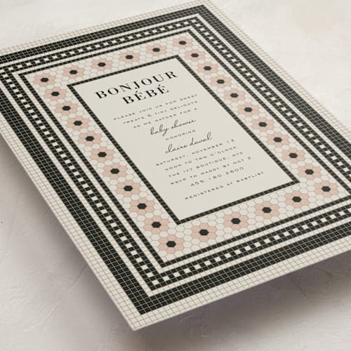 This is a blush baby shower invitations with standard by Sierra Lee called bebe bistro printing on signature in standard