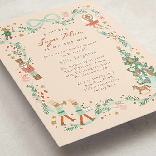 This is a cream baby shower invitations with standard by Jennifer Wick called little sugar plum printing on signature in standard